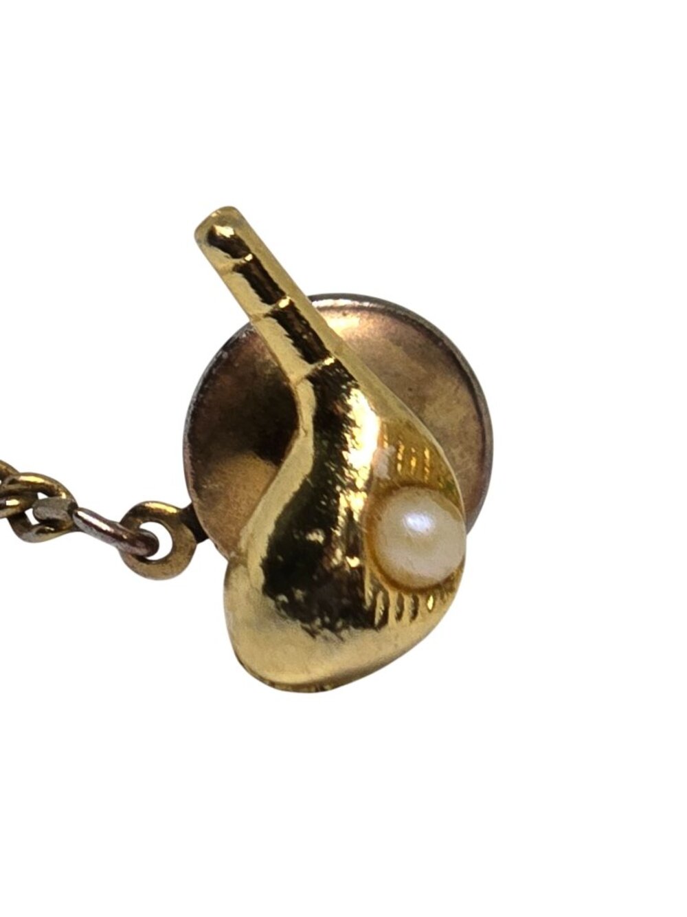 Vintage Gold-Tone Golf Club Tie Tack With Chain & Faux Pearl Accent